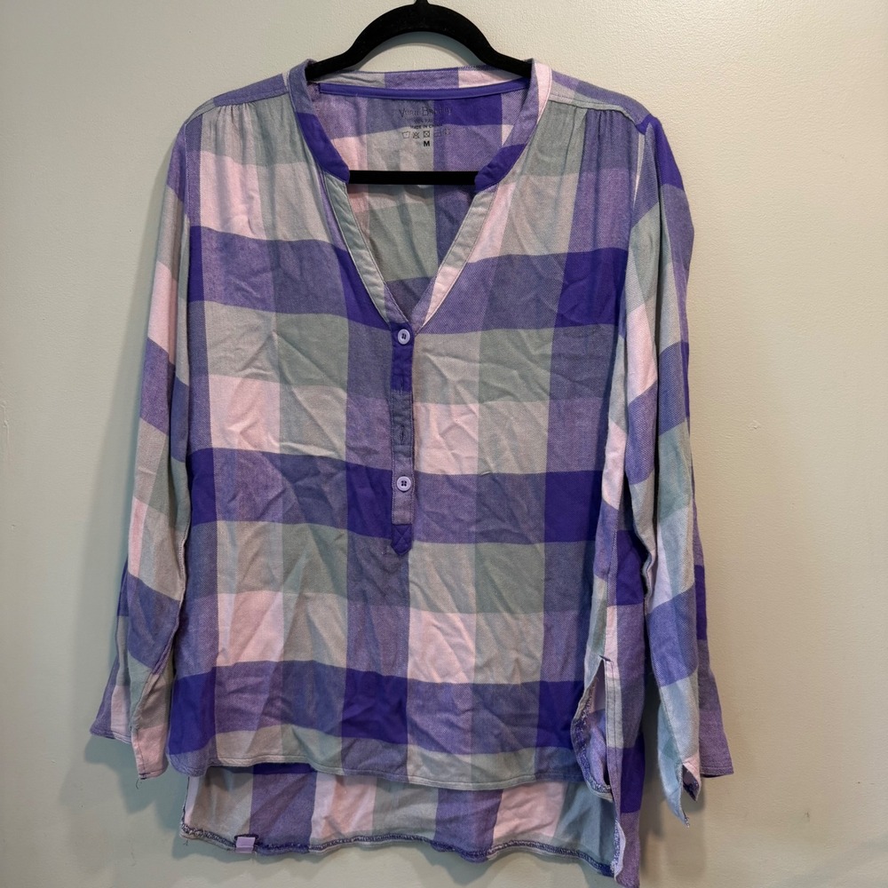 Vera‎ Bradley Top Womens Medium Purple Blue Plaid Rayon Henley